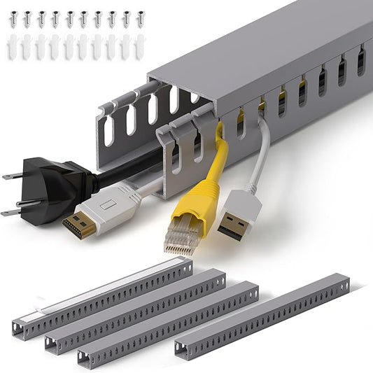 ZhiYo H1.4 W1.6 in Server Rack Cable Management Raceway, 66in (4X L16.5in) Cable Raceway Kit, Electrically Safe PVC Open Slot Wire Cord Hider for Under Desk/Computer/Network Cords, Gray