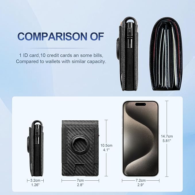 Magnetic Wallet with Card Holder for Iphone12~16, Slim & Minimalist Airtag Wallet with RFID Blocking Card Holder, Genuine Leather, Stretch Front Pocket, Carteras Hombres