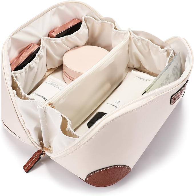 GIVLEFLY Makeup Bag for Women, Large Cosmetic Bag, Travel Toiletry Bag, Waterproof Nylon Organizer with Microfiber Leather, Flat Open for Skincare & Brushes