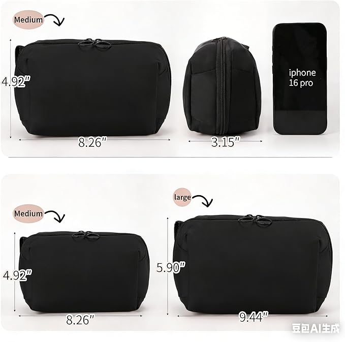 Fabric Cosmetic Bag with Multi-Compartments - Machine Washable Makeup Organizer, Water-Resistant Travel Toiletry Pouch, Lightweight Portable Beauty Bag for Purse Black