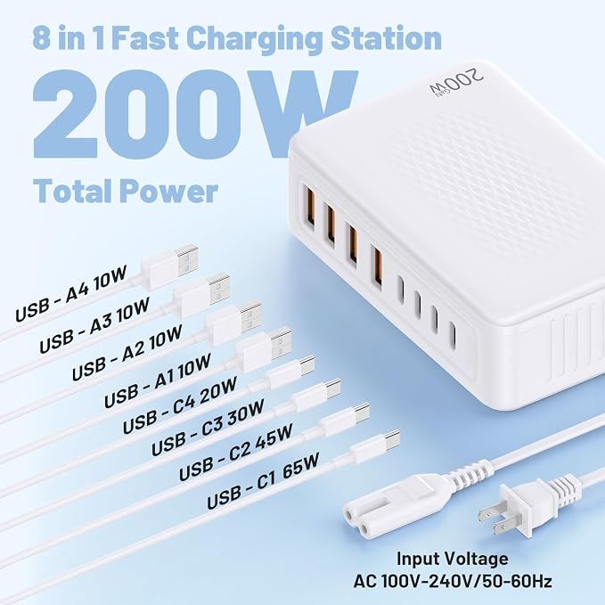 Essri 8-Port USB C Charging Station,65W GaN USB C Charger Block,PD 3.0 Desktop Charger, Power Strip Adapter Compatible with iPhone 17/16/15/14,MacBook Air/Pro,DELL, iPad Pro,Galaxy and More,White