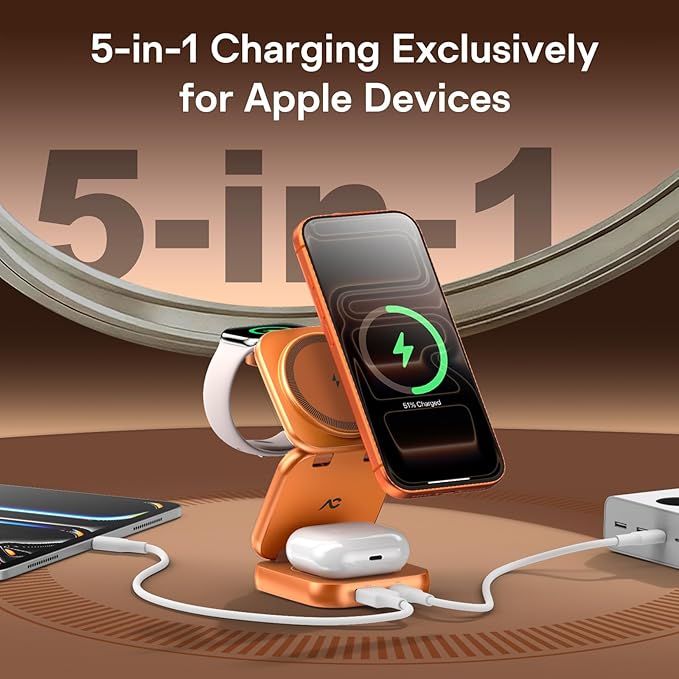 5-in-1 Wireless Charger for MagSafe, AC ISLAND Portable Travel Charging Station, 35W Max Fast Foldable Magnetic Stand, Evolved for iPhone 17-12 & Air Series, Apple Watch, AirPods (with 35W Adapter)