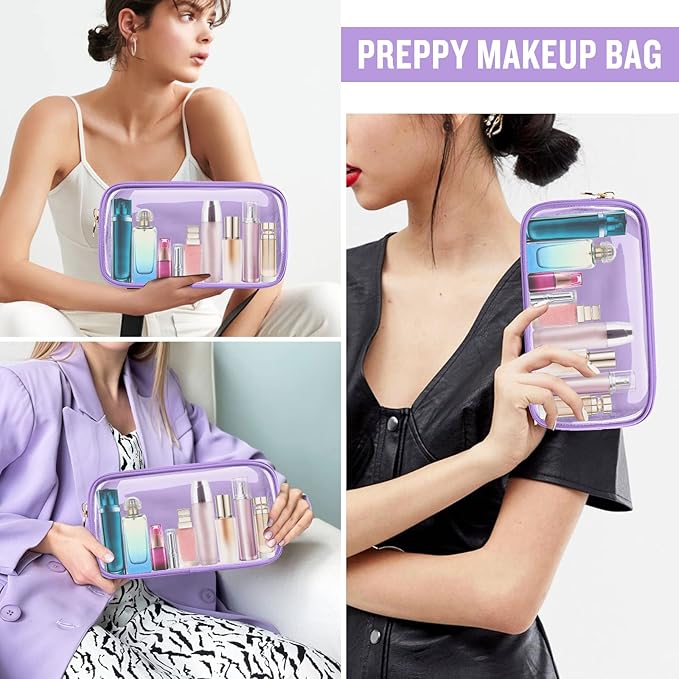 Small Clear Travel Makeup Organizer Bag for Purse, Cute Makeup Bag Preppy Cosmetic Zipper Pouch Purse, Transparent PVC & Nylon Waterproof Make Up Brush Bag Toiletry Storage for Women Girls(Purple)