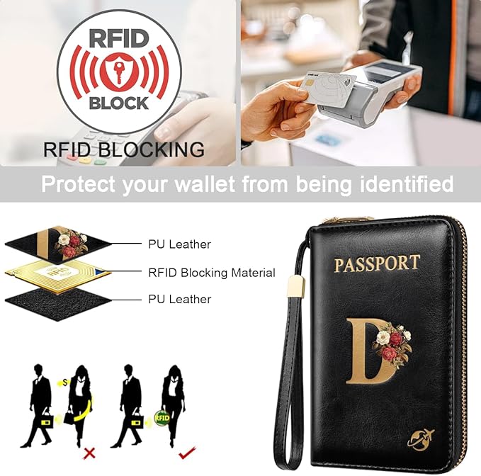Passport Holder Cover Wallet with Zipper Personalized Initial Letter D Rose Flower RFID Blocking Travel Wallets Credit Cards Holder for Women, Gift for Wife and Girlfriend,D
