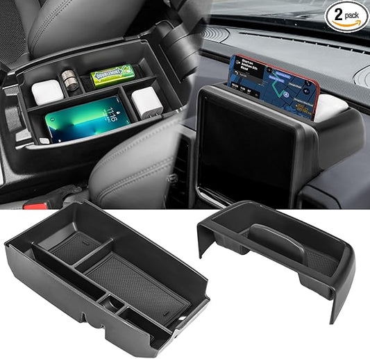 2PCS Center Console Dash Storage Tray and Armrest Secondary Storage Box Compatible with Ford Bronco Sport CX430 2021 2022 2023 2024 Center Console Organizer Insert Accessories