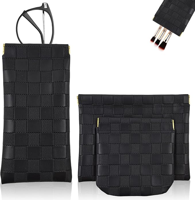3Pcs Small Makeup Bag for Purse, Waterproof Portable Checkered Leather Makeup Pouch, Small Purse Pouches for Purse Small Coin Purse Organizer Pouches Snap Closure Pocket Cosmetic Bag for Women (Black)