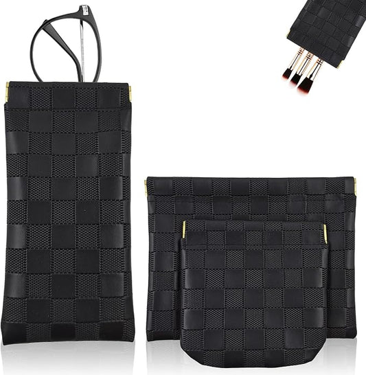 3Pcs Small Makeup Bag for Purse, Waterproof Portable Checkered Leather Makeup Pouch, Small Purse Pouches for Purse Small Coin Purse Organizer Pouches Snap Closure Pocket Cosmetic Bag for Women (Black)