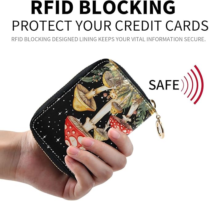 RFID Credit Card Holder Wallets Accordion for Women Leather Zipper Card Case Accordion Wallet for Ladies Girls (Mushrooms)