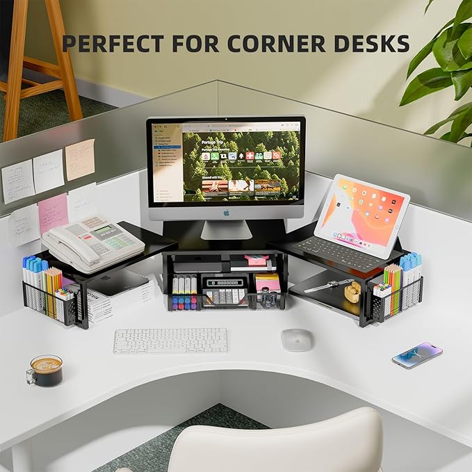 Simple Trending Desk Organizers and Accessories, Dual Monitor Stand Riser with Drawer and 2 Pen Holder, Shelf for Top of Desk, Black