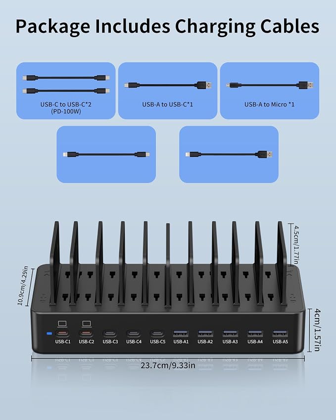 580W Charging Station for Multiple Devices, 10-Port USB C Fast Charger Station, Dual PD 100W Charging Dock with Adjustable Dividers & 6 Cables-Device Organizer for Laptop MacBook, iPhone, iPad
