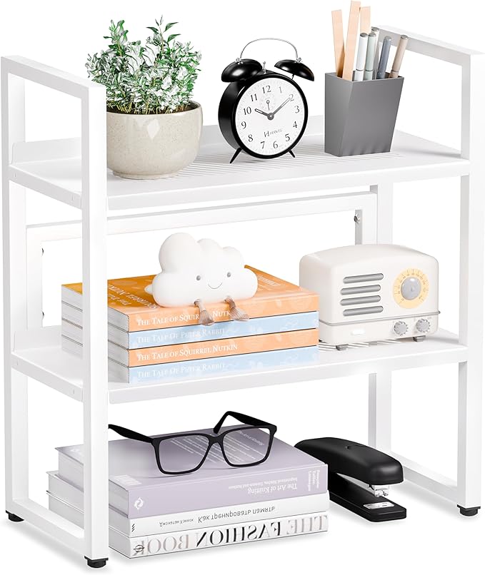 Brakki Desk Shelf Organizer, Adjustable 2 Tier Metal Desktop Shelves, Desktop Bookshelf Organization with Foot Mat, Multi-Functional Small Storage Rack for Office Dorm Home, White