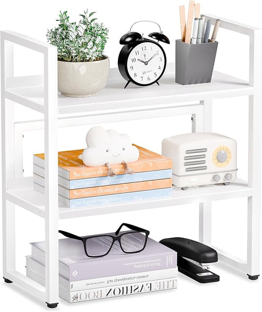 Brakki Desk Shelf Organizer, Adjustable 2 Tier Metal Desktop Shelves, Desktop Bookshelf Organization with Foot Mat, Multi-Functional Small Storage Rack for Office Dorm Home, White