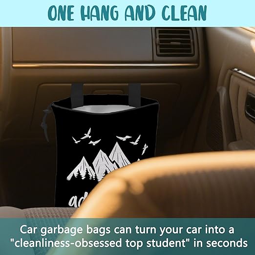 Adventure Awaits Car Garbage Bag Mountain and Bird Hanging Canvas Car Trash Bag Drawstring Car Back Seat Organizer for Car Back Front Seat Console with Adjustable Buckle