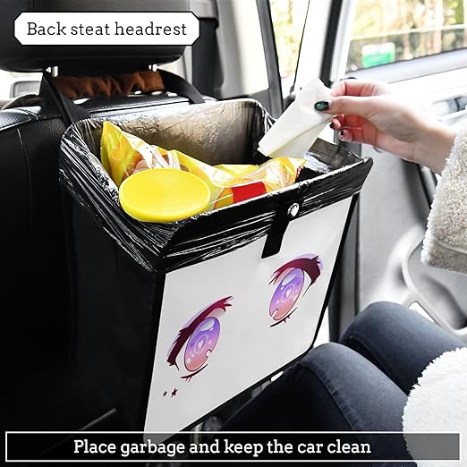 Purple Pink Anime Kawaii Eyes Car Trash Can Foldable Hanging Car Trash Bag Bin Auto Garbage Can Leak-Proof Car Organizer(Large)