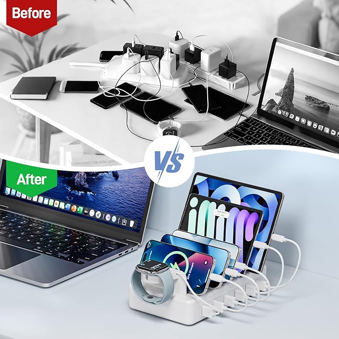 CREATIVE DESIGN Charging Station for Multiple Devices, 50W 6 Ports Charging Dock with 6 Cables Compatible with Cellphone,Tablet, Kindle, Apple Watch and Other Electronic