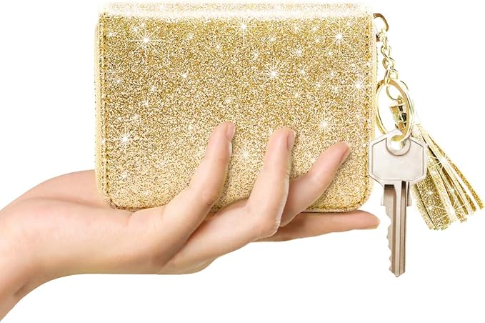 Coco Rossi Women's Small Credit Card Wallet RFID Cute Glitter Card Holder for Women, Gold