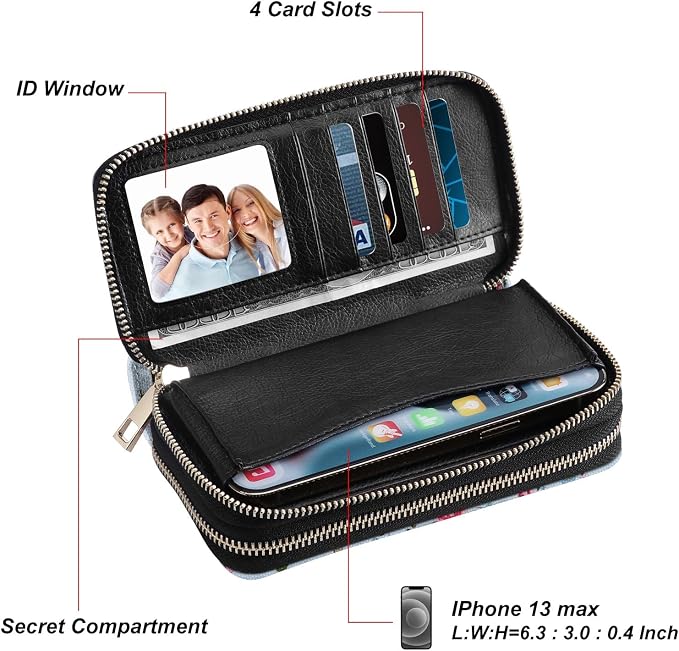 Cellphone Wallet for Women Dual Zipper Long Purse with Removable Wristlet