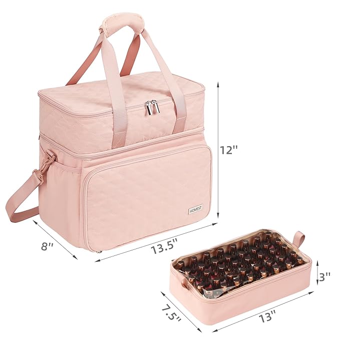HOMEST Double Layer Nail Polish Organizer Holds 80 Bottles (15ml/0.5 fl. oz) and a Lamp, Case with 2 Removable Pouches for Manicure Tools Storage, Pink(Bag Only)
