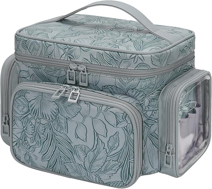 Bagmoly Large Makeup Bag, Portable Travel Makeup Bag Organizer for Women Girls with Makeup Brush Compartment & Two Side Pockets, Cosmetic Travel Bag Vertical Storage Toiletry - Floral Blue