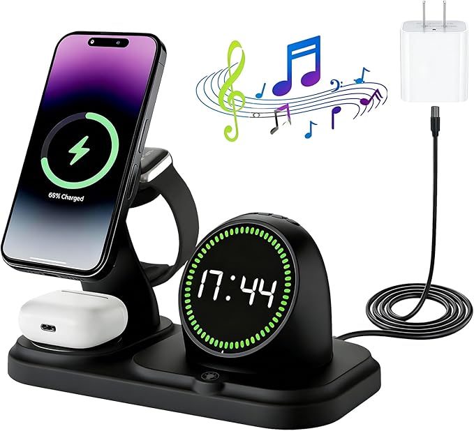 6 in 1 Wireless Charger i-Phone Charging Station: Stand for Multiple Devices for Apples - Compatible i-Phone 17 16 15 14 13 Pro Max Apples Watch Airpods, Design with Wireless Speaker & Clock (Black)