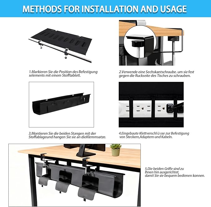Under Desk Cable Management Tray No Drill, 36" Clamp Mount Under Desk Cord Organizer for Standing Desk Cable Management, Fabric Cord Organizer Fabric for Office Home, Black