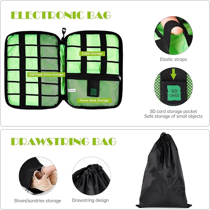 NiHome 7PCS Compression Packing Cube Set Expandable Mesh Travel Bag Luggage Organizers with Electronic Cable Cord Charger Organizer Drawstring Bag (Green)