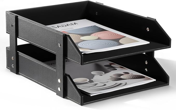 Leather Desk File Organizer 2-Tier Stackable Letter Tray Holder Desktop Organization Holder for Document, Magazines, Newspapers, Letters, and Other Home Office Paper Sundries, Black