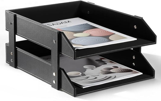 Leather Desk File Organizer 2-Tier Stackable Letter Tray Holder Desktop Organization Holder for Document, Magazines, Newspapers, Letters, and Other Home Office Paper Sundries, Black