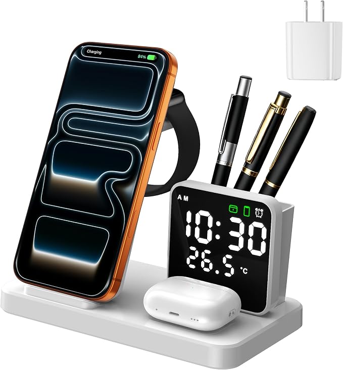 5 in 1 Wireless Charging Station with Alarm Clock Pen Holder, Fast Wireless Charger for iPhone 17/16/15/14/13/12/Pro/Max/Air, for iWatch & AirPods, Charger Stand with Temperature, Snooze Model White