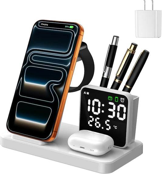 5 in 1 Wireless Charging Station with Alarm Clock Pen Holder, Fast Wireless Charger for iPhone 17/16/15/14/13/12/Pro/Max/Air, for iWatch & AirPods, Charger Stand with Temperature, Snooze Model White