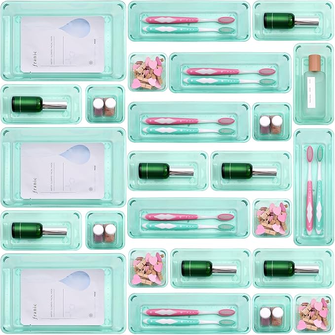 Kitchen Desk Drawer Organizers Storage for Office, Small Acrylic Vanity Trays Makeup for Drawer Bathroom Plastic Make up Organizers 25 Pcs Green