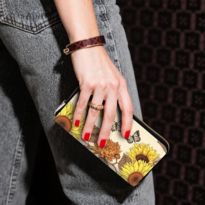 Zip Around Wallets for Women with Detachable Wrist Strap, Large Capacity RFID Blocking Leather Purse Organizer Card Holder Wristlet,Vintage Butterfly Sunflower