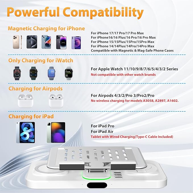 30W Charging Station for Apple Products, Foldable Wireless Charger with Clock Display&7 Color Light, Wired Charging for iPad/Tablet Charging Station for iPhone16, for Apple Watch10 for AirPods4(Cream