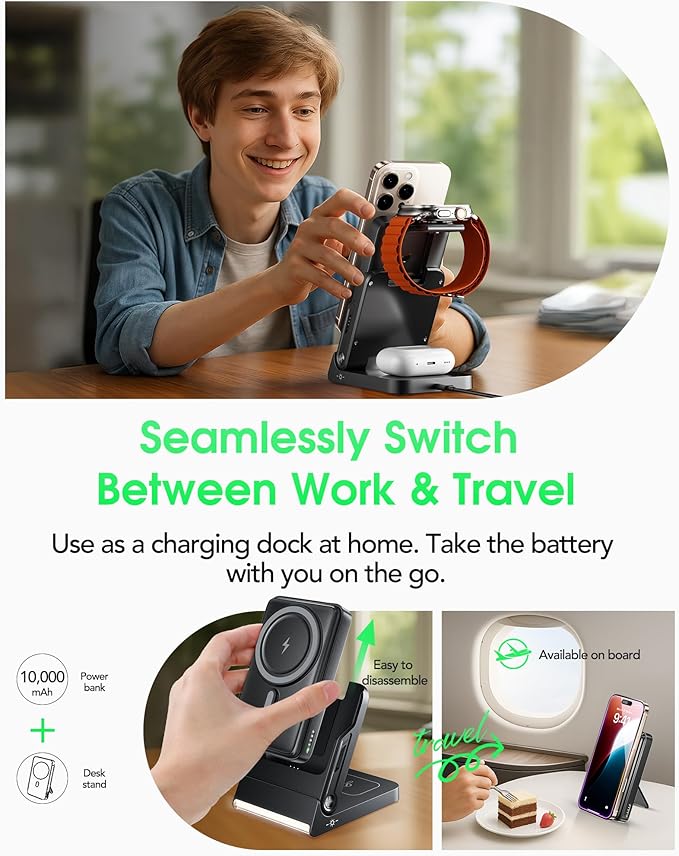 Magnetic Power Bank with MagSafe, 10000mAh Portable Battery Pack for iPhone 17, 5 in 1 Foldable Charging Station with iWatch Charger for i Phone 17/16/15/14&AirPods, Wireless Travel Gift for Men&Women