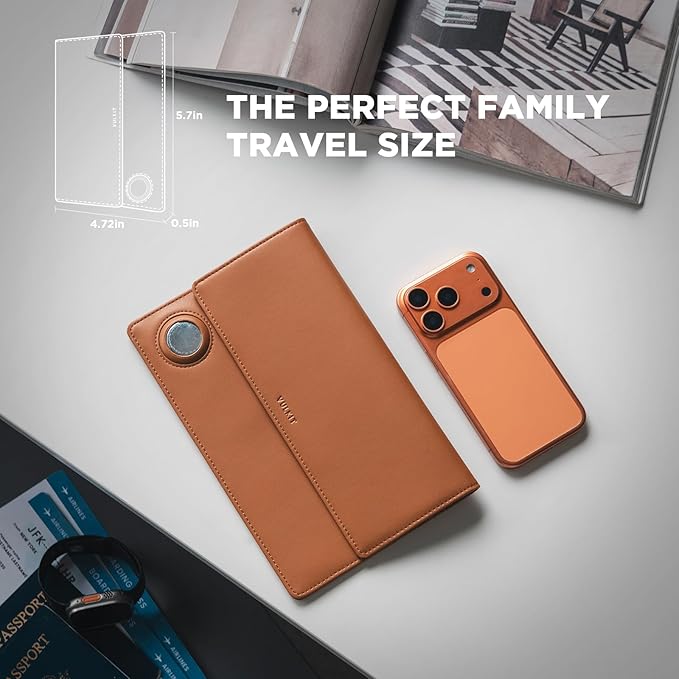 VULKIT Family Passport Holder for 4 Leather Passport Wallet with Airtag Slot Multiple Passport Holder RFID Blocking Bifold Travel Documents Organizer