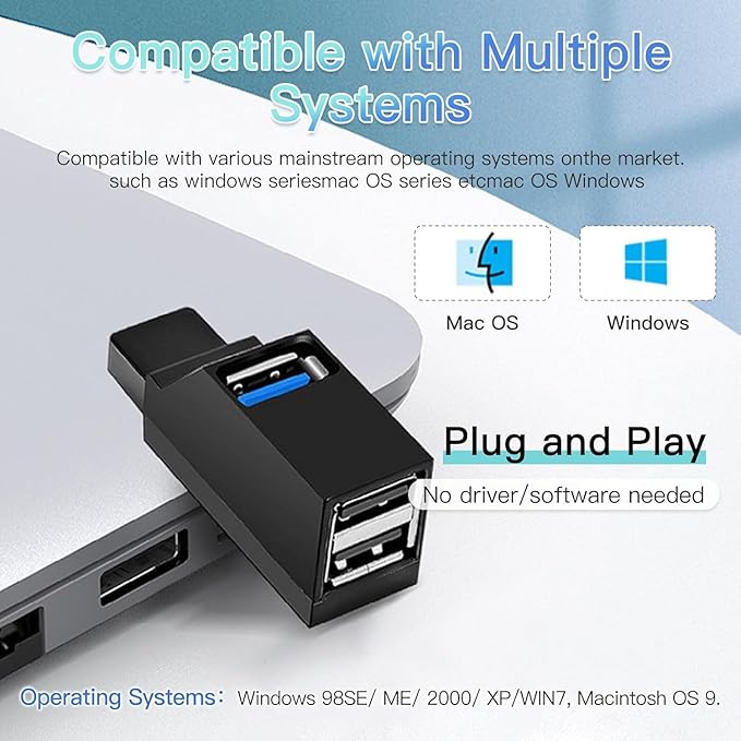 4-Port USB 3.0 Hub [90°/180° Rotatable], USB Splitter with 1 USB 3.0 Port, 2 USB 2.0 Ports, and 1 USB C Data Port, USB Extender for Laptops, Cars, Surface go, Mac, MacBook Air/Pro, and Other Devices