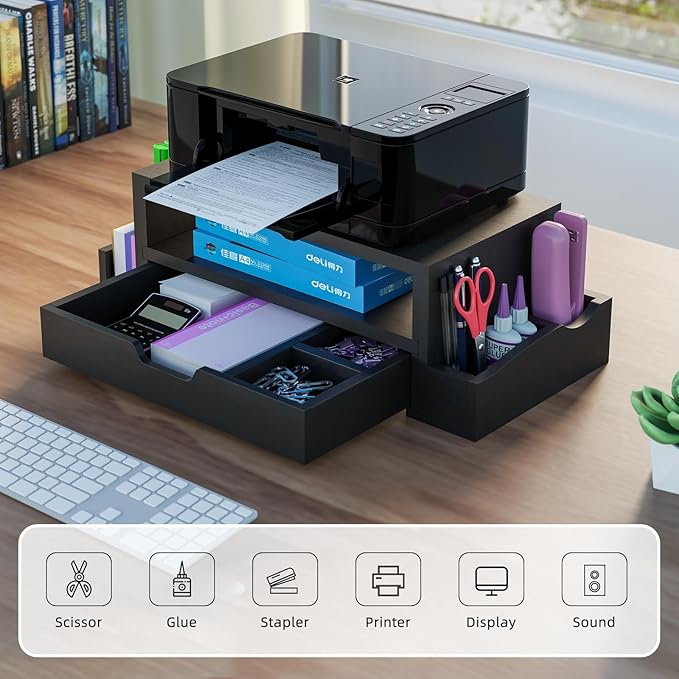 Simple Trending Wood Monitor Stand Riser with Drawer and Pen Holder, Desk Organizer for Home Office, Black