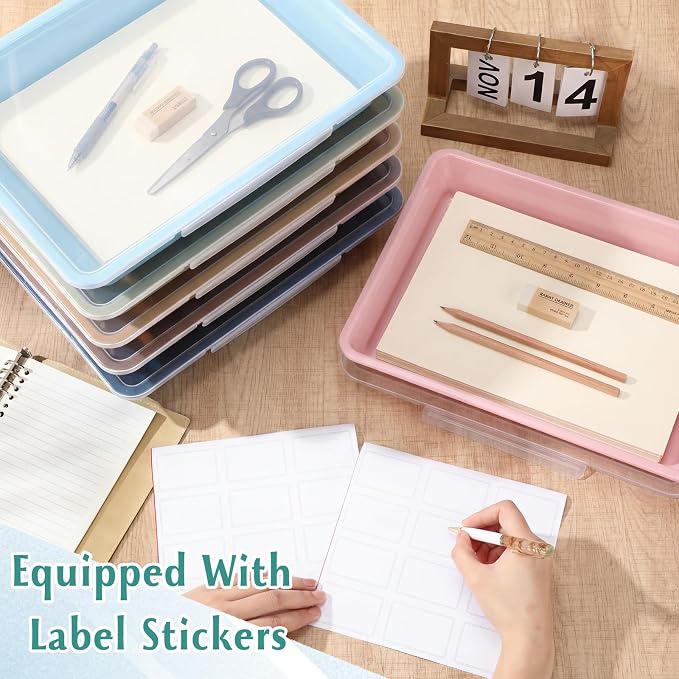 Tinlade 12 Pcs Classroom Paper Storage Bins with Clear Latching Lids Labels, Letter Size Stackable Flat Trays Container Paper Organizer for Teacher Back to School Office Arts Crafts (Morandi,13x10in)