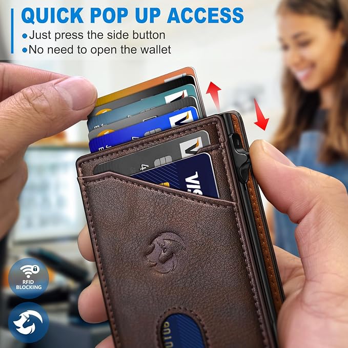 Wallet for Men, Slim Pop Up Card Holder with RFID Blocking, Minimalist Bifold Wallet with 9 Card Slots, ID Window and Cash Pocket, Metal Flip Case with Magnetic Closure, Gift Box