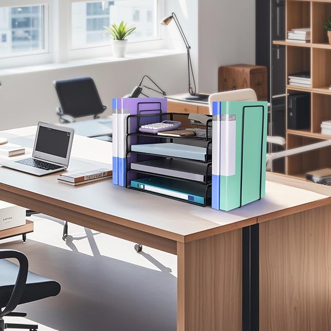 4 Tier Stackable Paper Tray Organizer for Desk, Office Desk Accessories, Paper Sorter Organizer for Letter/A4 Office File Folder Holder (Black, 19.2" x 9.7" x 10.2")