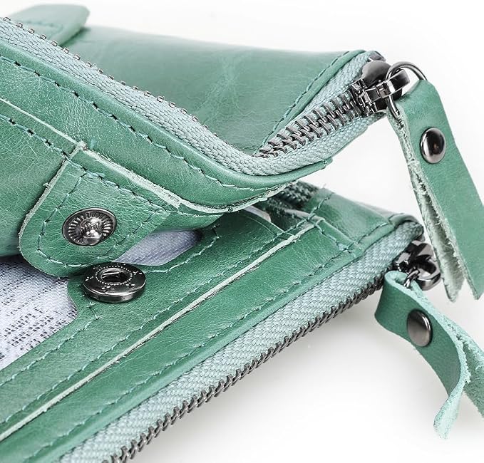 CONTACTS Soft Leather Wallet for Women Small Bifold Coin Purse Double Zipper Card Holder with RFID Blocking (Teal Green)