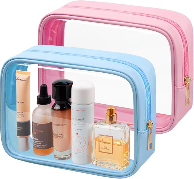 TSA Toiletry Bag Clear Makeup Bag Travel Essentials Cosmetic Bag for Men and Women(Blue + Pink)