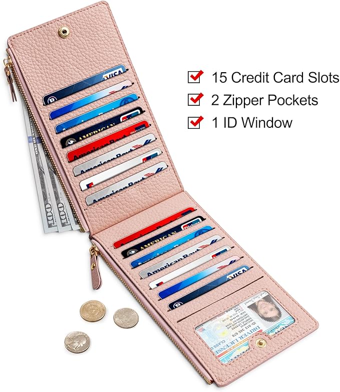 Women's Wallets - Slim Bifold RFID Blocking Wallet Leather Ladies Multi Card Holder Wallet with 2 Zipper Pocket (Pink)