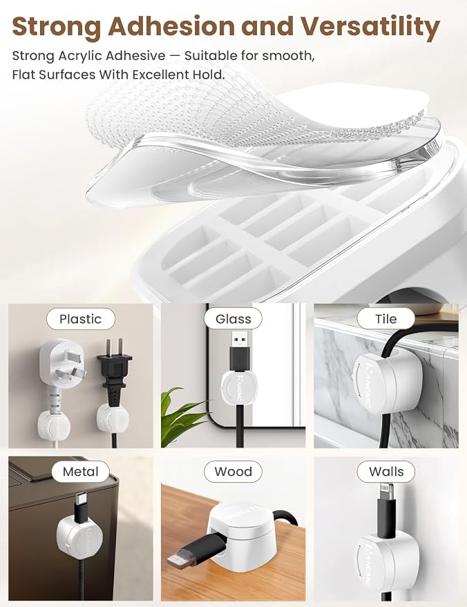 Kanemc Cable Clips Cord Holder for Desk, 360° Spin Magnetic Wire Organizer Self Adhesive Cord Management for Office Desks Cars Home Kitchen Electronic Accessory (White, 9 PCS)