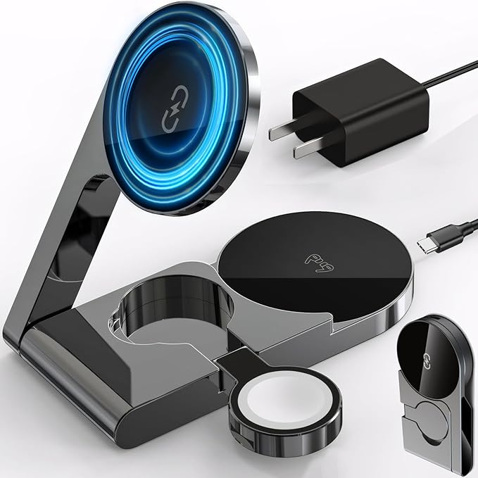 2026 3 in 1 Wireless Charging Station Mag-Safe Fast Charging Station for Apple MagSafe Charger, with USB C Charger, Foldable Charging Magnetic Wireless Charger Stand, Space Aluminum Travel Charger