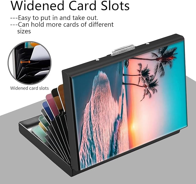 Credit Card Holder Sunset Beach Palm Tree Design Mini RFID Blocking Aluminum Wallet Slim Metal Hard Cover Shell Travel Wallet ID Cases Small Credit Cards Case Business Cards for Women Men Girls
