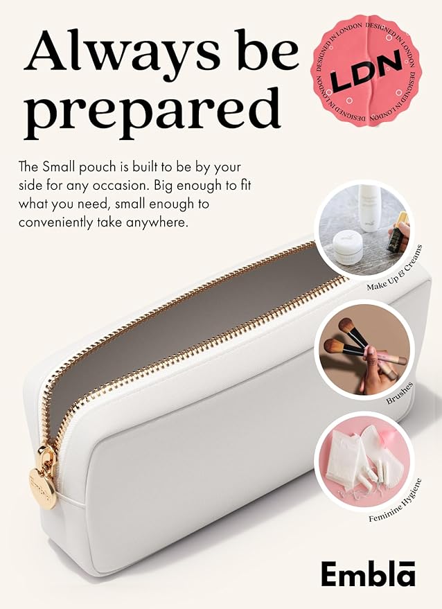 Embla Makeup Bag Travel Cosmetics Pouch and Toiletry Bag, Nylon Zipper Pouch Purse, Cute Make Up Organizer Storage Tote for Women Girls, Waterproof Travel Skincare Case, Small Makeup Bags, White
