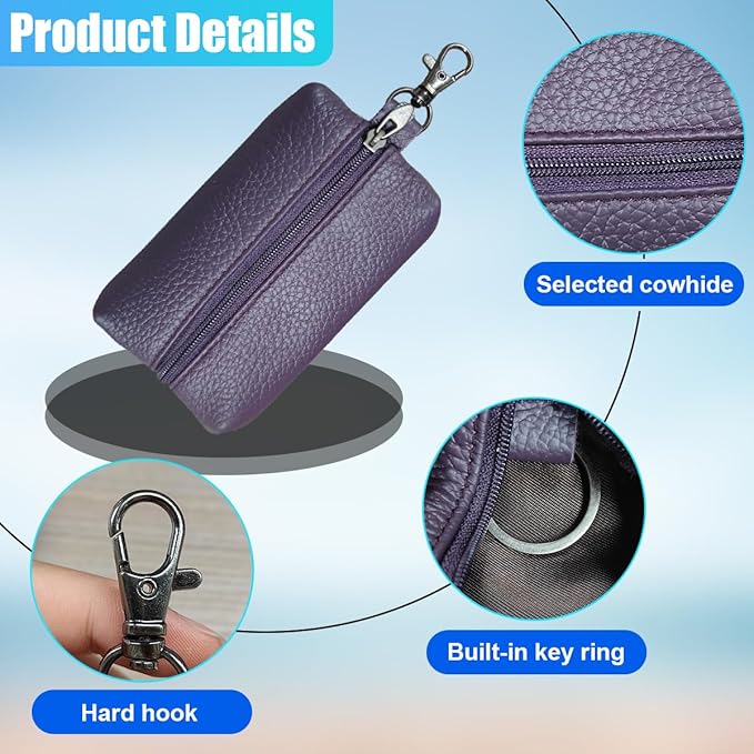 Leather Car Key Case Holder, Auto Smart Key Fob Protector Pouch with Zipper, Universal Unisex Keychain Wallet (Purple)