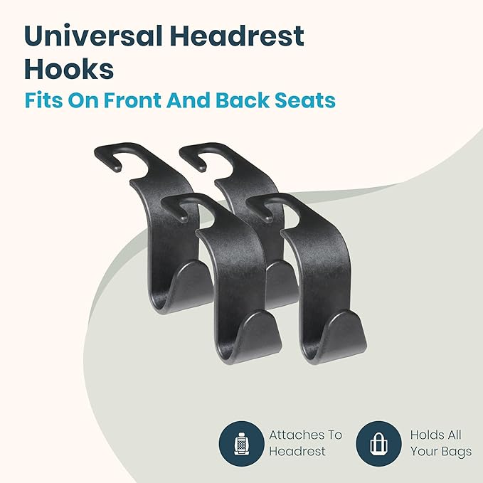 Universal Car Seat Headrest Hooks - 4-Pack, Black S-Type Hangers for Handbags, Purses, Coats - Storage Organizer for All Vehicles