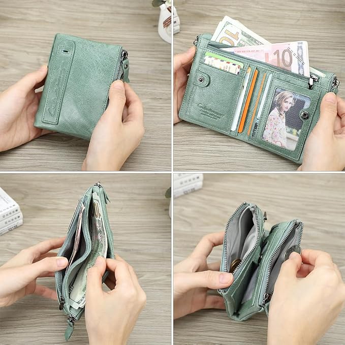CONTACTS Soft Leather Wallet for Women and Men Small Bifold Coin Purse Double Zipper Card Holder RFID Blocking (Matcha Green)